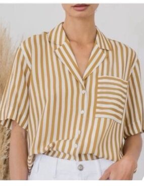AYR Baguette Tan Striped Silk Blend Button Down Short Sleeve Pool Boy Top Sz. XL